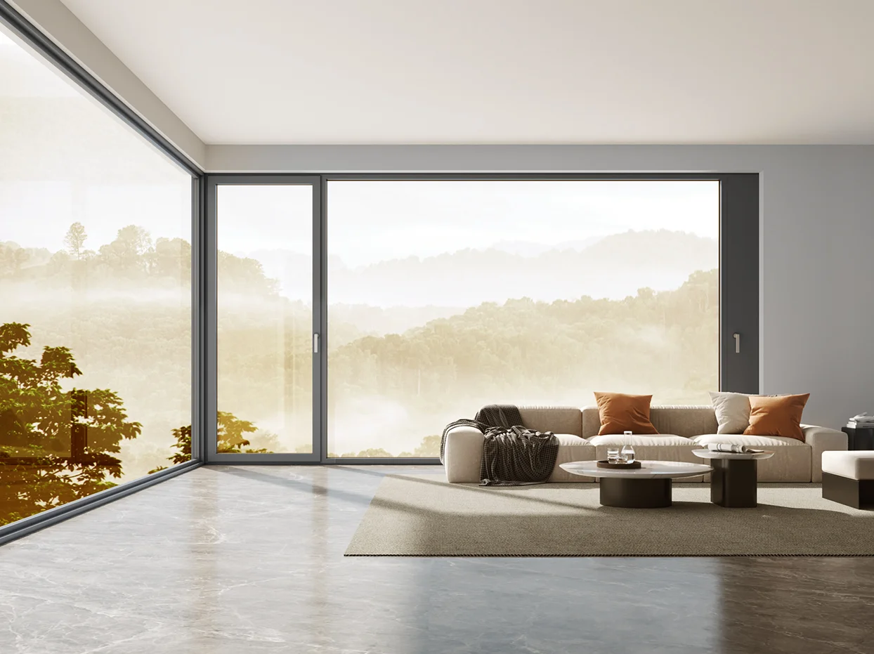 Window application visual from the CIMU image library showing large dark-framed glazing in a living room.
